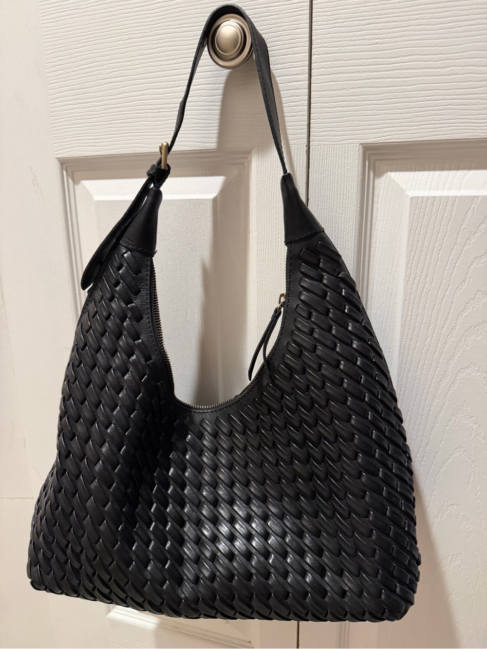 Black Woven Leather Shoulder Bag - Women